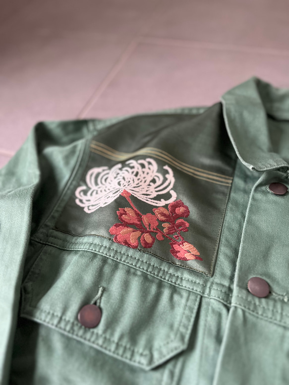 大輪の菊カラーデニムJK  Lサイズ　着物リメイク　帯パッチワークJK  USEDジャケット 17枚目の画像