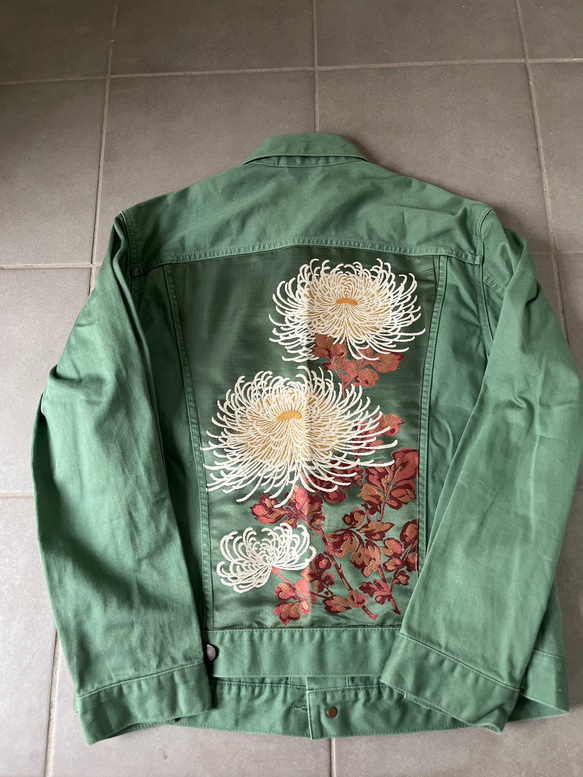 大輪の菊カラーデニムJK  Lサイズ　着物リメイク　帯パッチワークJK  USEDジャケット 15枚目の画像