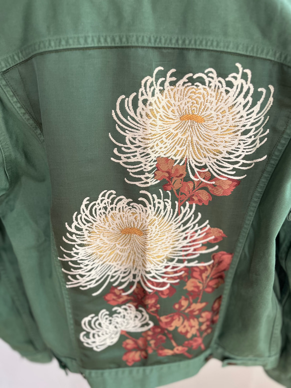大輪の菊カラーデニムJK  Lサイズ　着物リメイク　帯パッチワークJK  USEDジャケット 13枚目の画像