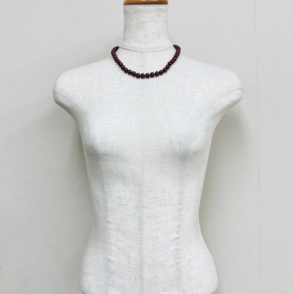 ガラスパールオールノットネックレス/8mm約43cm/ボルドー/R/made in japan 8枚目の画像