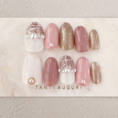 ツイード ネイルチップ 3D 乳白色 ピンク スコッチ パール クリスタル