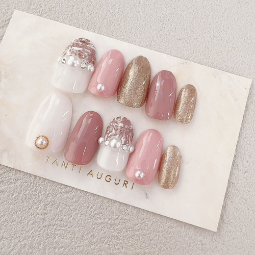 ツイード ネイルチップ 3D 乳白色 ピンク スコッチ パール クリスタル