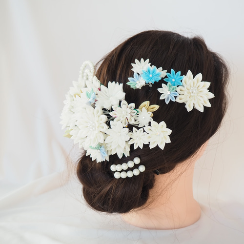 つまみ細工・柔らかな白い髪飾り／8点セット ヘッドドレス 