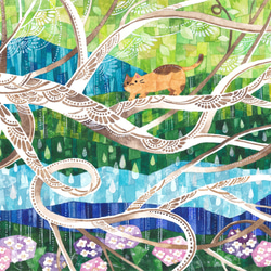 絵画「雨の日の枝の上のネコ」 1枚目の画像