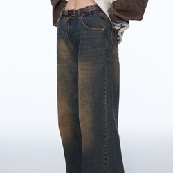 ヴィンテージサビ水洗デザイン感ジーンズ男女カップル用ゆったりストレートパンツ23-1107 5枚目の画像