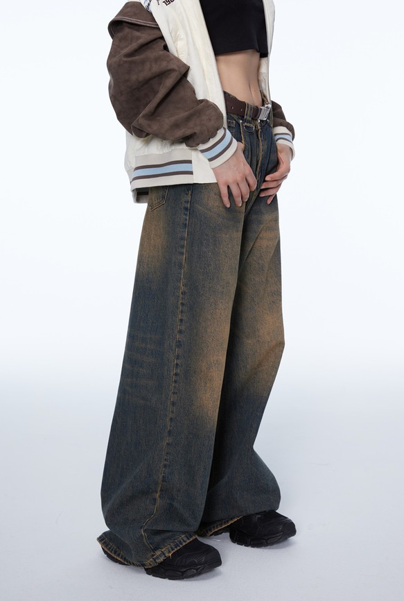 ヴィンテージサビ水洗デザイン感ジーンズ男女カップル用ゆったりストレートパンツ23-1107 4枚目の画像