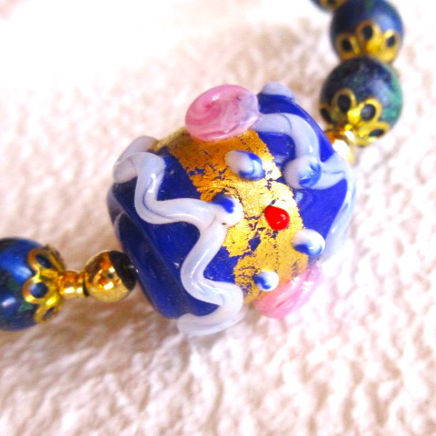 【A69】　ネックレス　ヴェネチア　作家物　本金彩　トンボ玉　アズライト　天然石　天然石ビーズアクセサリー