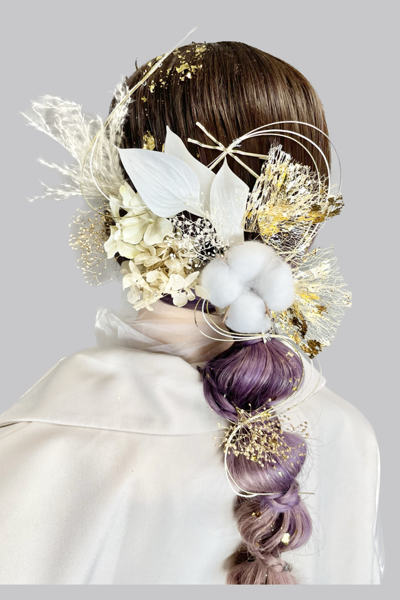 髪飾り(ゴールド) コットンリーフ 水引 金箔 紫陽花 成人式 卒業式 前撮り 5枚目の画像