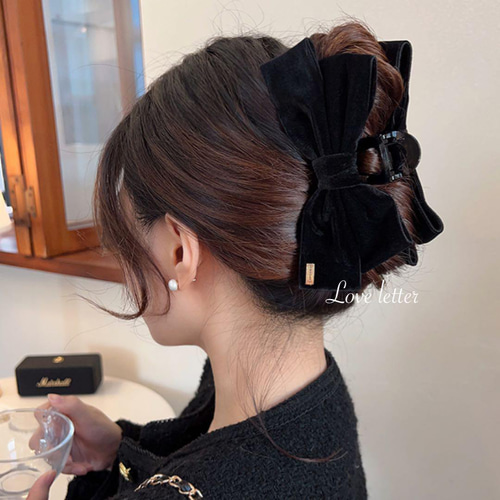 ベルベットリボンヘアクリップ ブラック 韓国 量産型 地雷 ヘア
