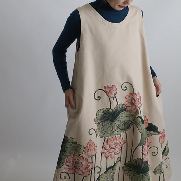 母の日ＳＡＬＥ　手描きART　清らかに咲く蓮　花　ワンピース　ゆったり　ジャンパースカート　日本画　K28C 10枚目の画像