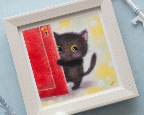 おまけ付き　希少　おかべてつろう　サイン入り　黒猫　アート　ジークレープリント おまけ付き 希少 おかべてつろう サイン入り 黒猫 アート