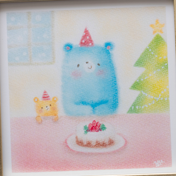【10cm複製画・選べるフレーム付】「青いクマさんのクリスマスケーキ」　パステルアート　動物イラスト 2枚目の画像