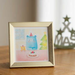 【10cm複製画・選べるフレーム付】「青いクマさんのクリスマスケーキ」　パステルアート　動物イラスト 6枚目の画像