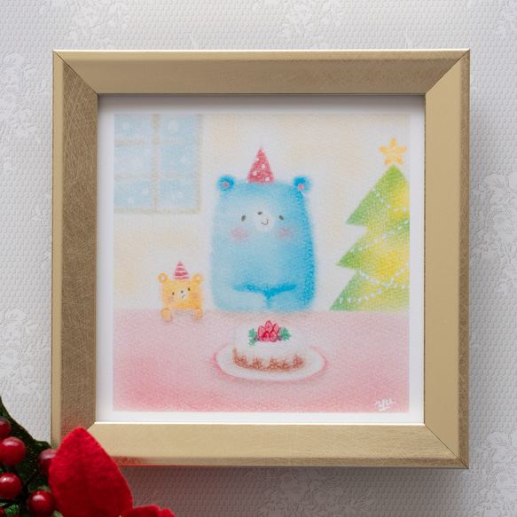 【10cm複製画・選べるフレーム付】「青いクマさんのクリスマスケーキ」　パステルアート　動物イラスト 7枚目の画像