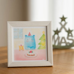 【10cm複製画・選べるフレーム付】「青いクマさんのクリスマスケーキ」　パステルアート　動物イラスト 3枚目の画像