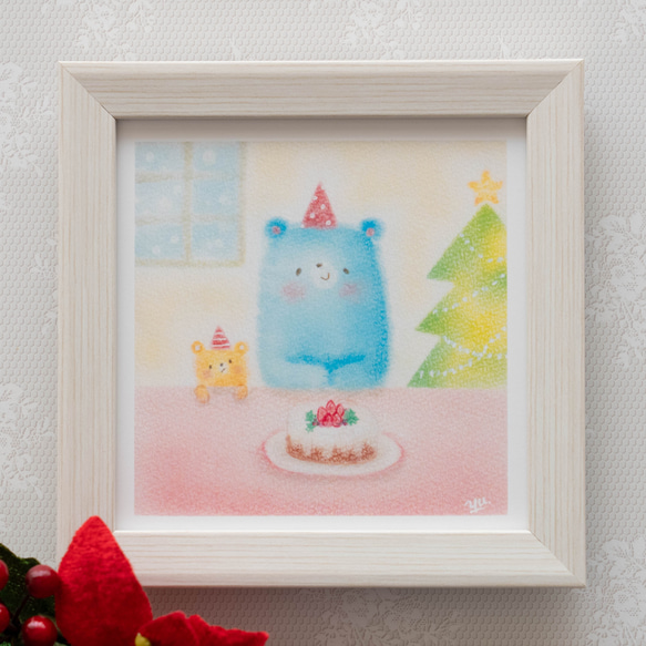 【10cm複製画・選べるフレーム付】「青いクマさんのクリスマスケーキ」　パステルアート　動物イラスト 4枚目の画像