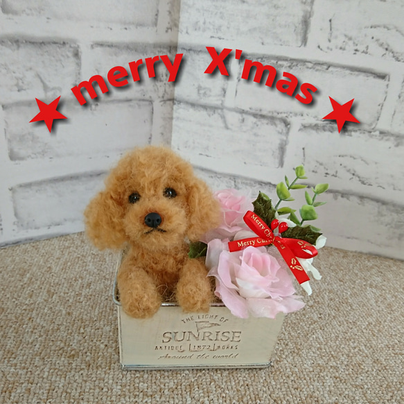 羊毛フェルト 犬 トイプードル〈ダークレッド〉☆ アレンジメント缶 