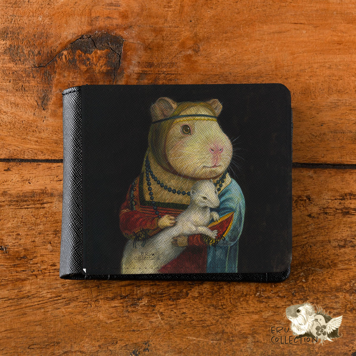 受注生産 二つ折り財布 レザー 革 皮＊モルモット 動物 名画＊名入れ・文字入れ可