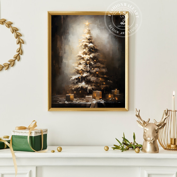 クリスマスツリー Merry Christmas 油絵風 / インテリアポスター 海外アート / XMAS 2 1枚目の画像