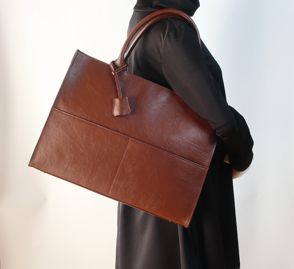 A4サイズしかくトートbag・ver2（ファスナー付き・マチ幅15㎝ver）☆彡ブラウン（スムース） ブラック