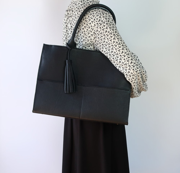 A4サイズしかくトートbag・ver2（ファスナー付き・マチ幅15㎝ver）☆彡ブラウン（スムース） ブラック