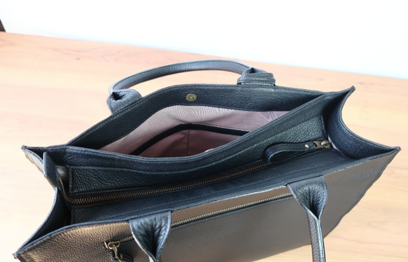 A4サイズしかくトートbag・ver2（ファスナー付き・マチ幅15㎝ver）☆彡ブラウン（スムース） ブラック