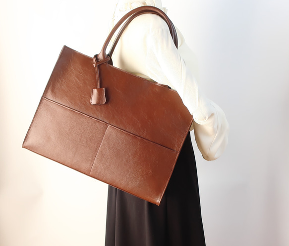 A4サイズしかくトートbag・ver2（ファスナー付き・マチ幅15㎝ver）☆彡ブラウン（スムース） ブラック