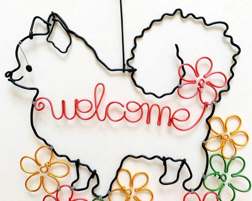 ワイヤークラフト welcome お花 ポメラニアン ワイヤーアート