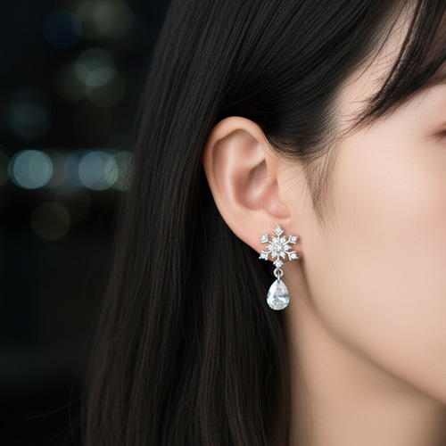 雪の結晶としずくのピアス【イヤリング/金属アレルギー対応】シルバー