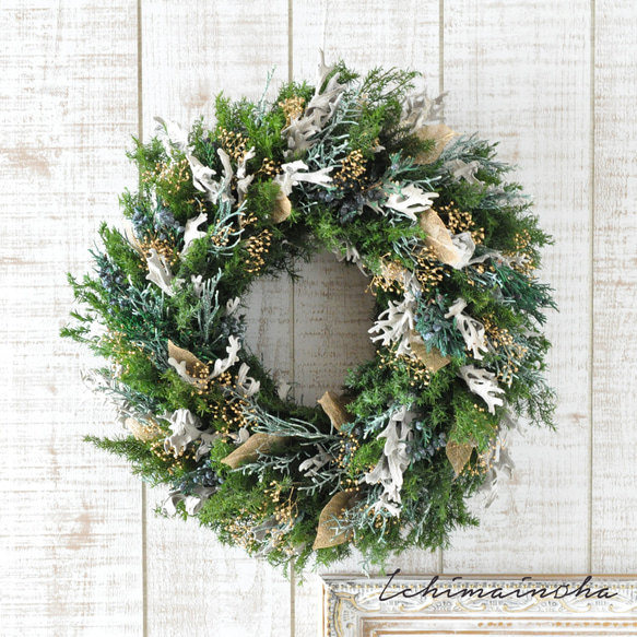 ✽ゴールドリーフがきらめく✽針葉樹たっぷりのクリスマスリース【Xmas