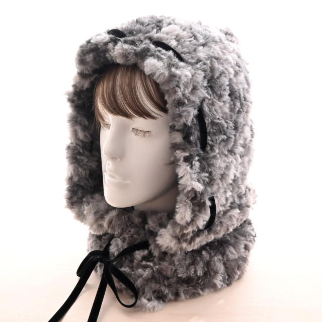 《大人気☆バラクラバ》ふわふわファー×ベルベットリボン＊MIXグレー