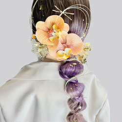 髪飾り(胡蝶蘭/オレンジ) 水引 金箔 成人式 前撮り 卒業式 結婚式 3枚目の画像