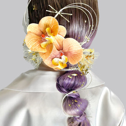 髪飾り(胡蝶蘭/オレンジ) 水引 金箔 成人式 前撮り 卒業式 結婚式 1枚目の画像