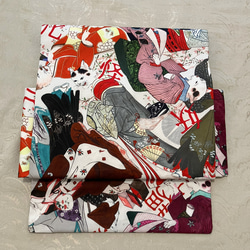 半幅帯　妖怪猫　浮世絵猫　鳥獣戯画　長尺　和装　着物　化け猫　猫柄　紗綾形　藍色 半幅帯 妖怪猫 浮世絵猫 鳥獣戯画 長尺 和装 着物 ファブリック