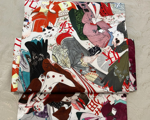 大人の兵児帯、浮世絵猫柄、いさとおまとめです 名古屋帯 妖怪猫 浮世絵猫 鳥獣戯画 和装 着物 ファブリック 猫