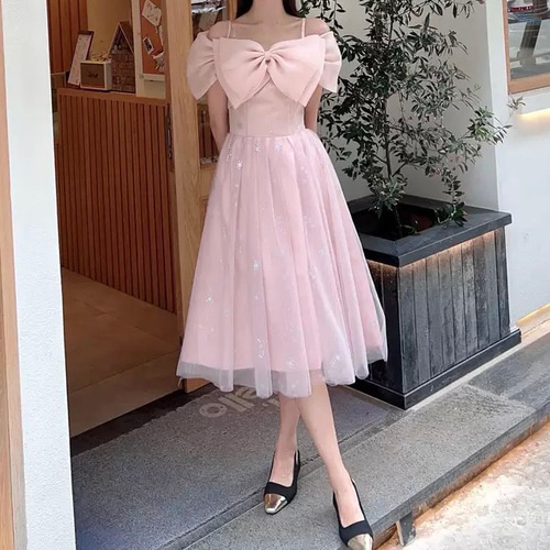 エレガント！キラキラチュール 薄ピンク 胸リボン編み上げ袖あり