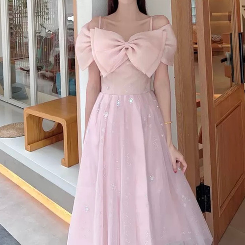 エレガント！キラキラチュール 薄ピンク 胸リボン編み上げ袖あり