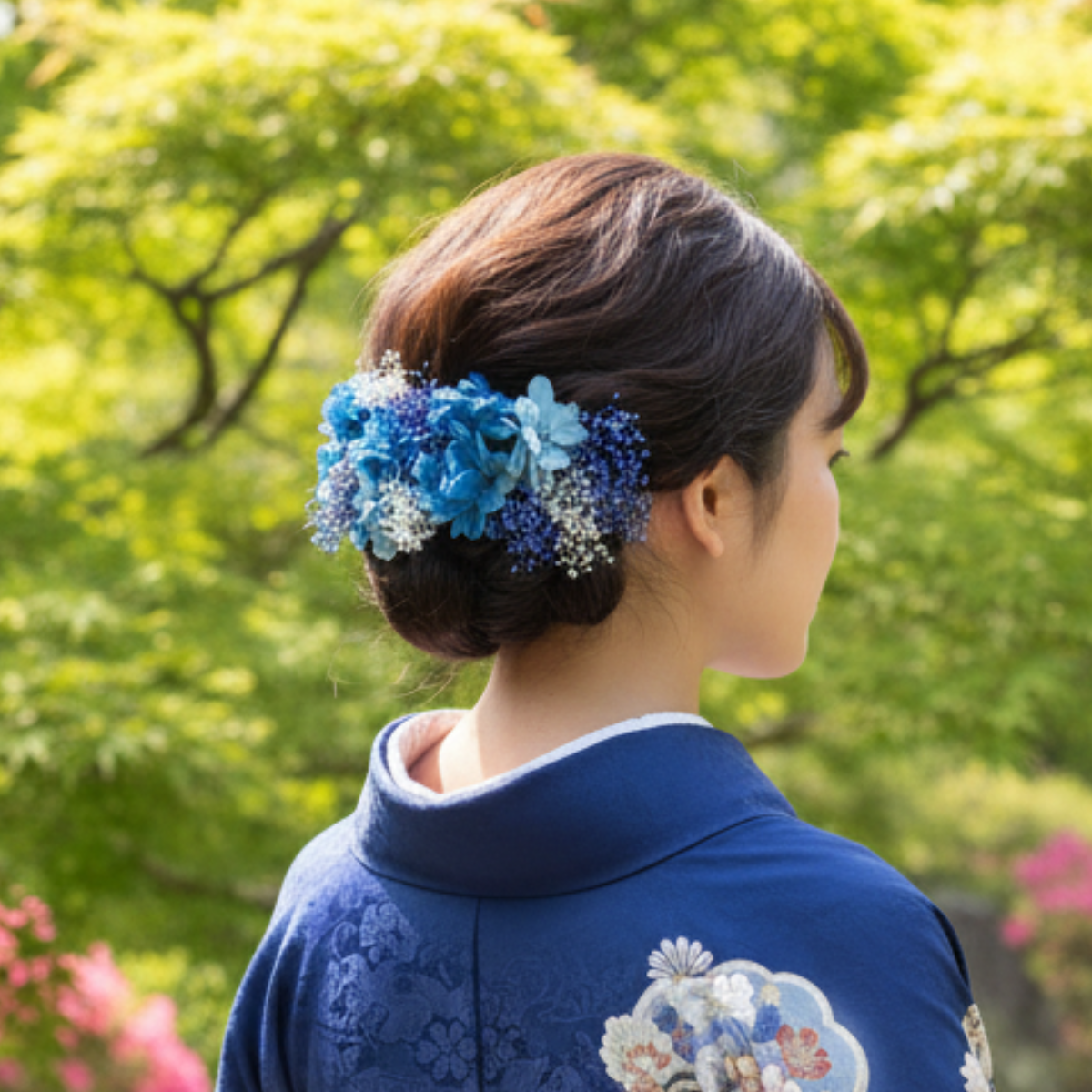 ロイヤルブルー紫陽花の髪飾り 22輪 卒業式 成人式 結婚式 髪かざり プリザーブドフラワー ヘッドドレス 和装 花