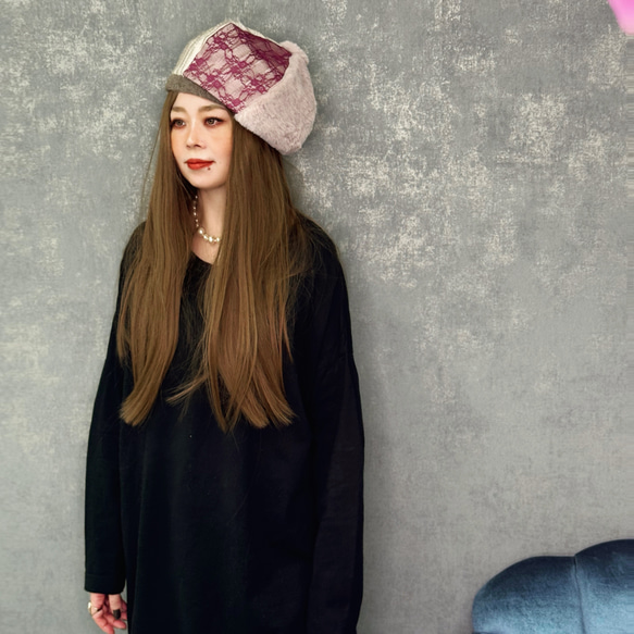 [11/25 再次上架] 「我對絨毛很著迷。可愛成熟的貝雷帽，淡粉紅色溫暖的毛皮和蕾絲。冬天 第5張的照片