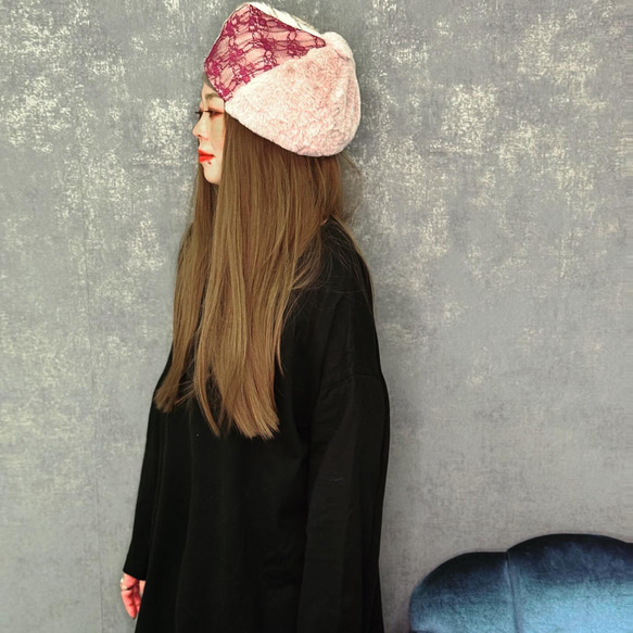 [11/25 再次上架] 「我對絨毛很著迷。可愛成熟的貝雷帽，淡粉紅色溫暖的毛皮和蕾絲。冬天 第7張的照片