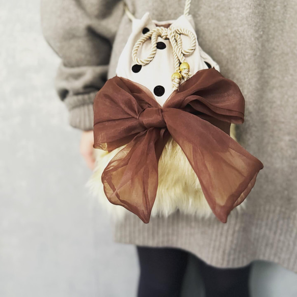 ■３日内発送■【新作】『大きなリボンの、ミニショルダーバッグ。チョコレートブラウン』 もこもこ 冬鞄 5枚目の画像