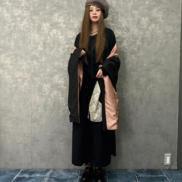 ■10日内発送■【再販】『「4WAY」ピンストライプにレースをポイント。2m大判ショール。』 シャンタン マフラー 冬 7枚目の画像