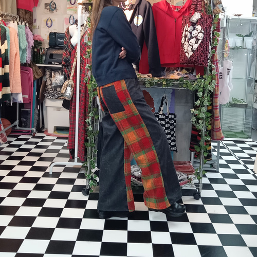 低価格 ボアタータンチェック×ブラックウォッシュデニム ミックス パンツ