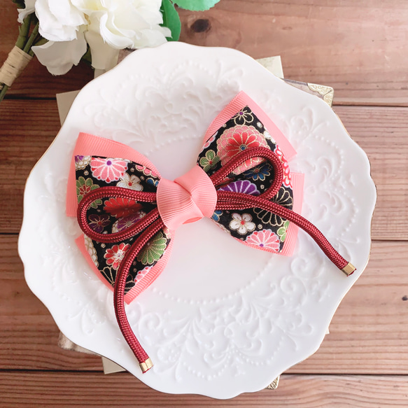 夏祭り】和柄リボン 赤×黒×ピンク 髪飾り 江戸組紐 七五三 お正月 和装