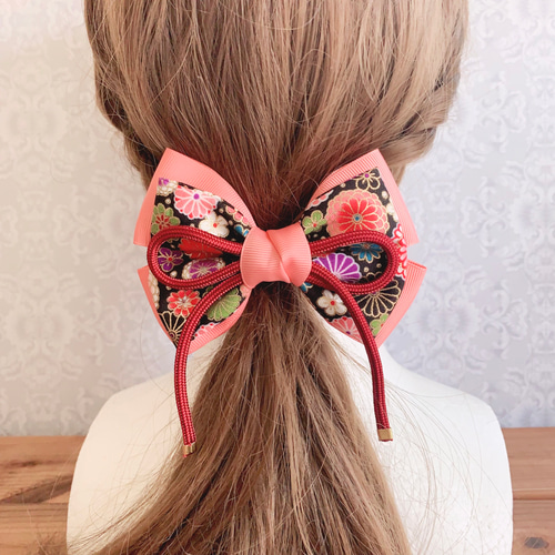 夏祭り】和柄リボン 赤×黒×ピンク 髪飾り 江戸組紐 七五三 お正月 和装