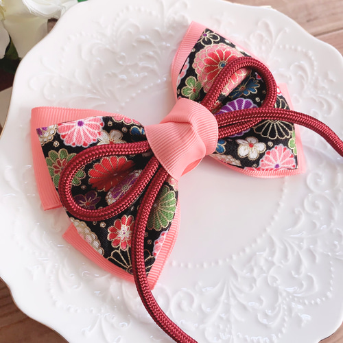 和柄リボン 赤×黒×ピンク 髪飾り 江戸組紐 七五三 お正月 和装  