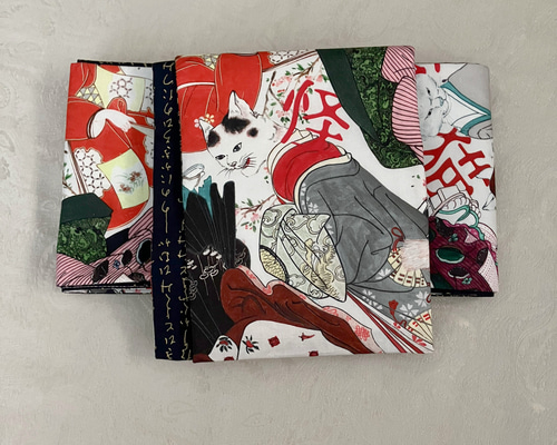 半幅帯　妖怪猫　浮世絵猫　鳥獣戯画　長尺　和装　着物　化け猫　猫柄　紗綾形　藍色 半幅帯 妖怪猫 浮世絵猫 鳥獣戯画 長尺 和装 着物 ファブリック