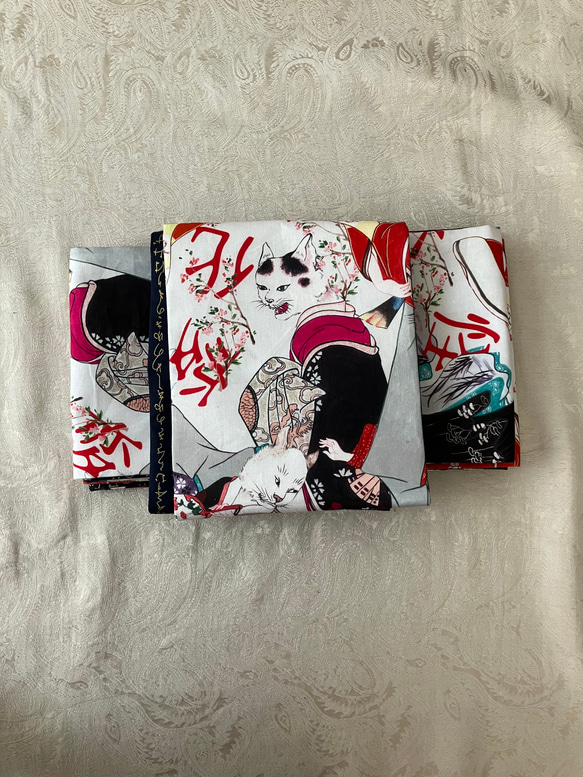 送料込み 半幅帯 妖怪猫 浮世絵猫 鳥獣戯画 長尺 和装 着物