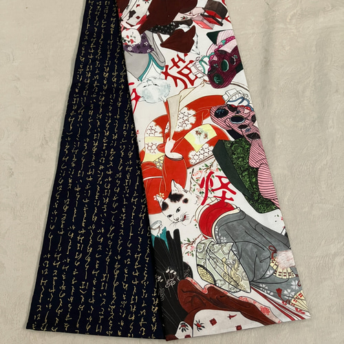 半幅帯　妖怪猫　浮世絵猫　鳥獣戯画　長尺　和装　着物　化け猫　猫柄　藍色 半幅帯 妖怪猫 浮世絵猫 鳥獣戯画 長尺 和装 着物 ファブリック