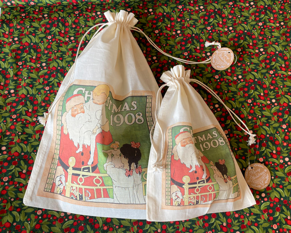 在庫4点！クリスマスギフトバッグ！『布バッグ　サンタクロース柄　ラッピング　L』～Lサイズ　サンタ～ 12枚目の画像
